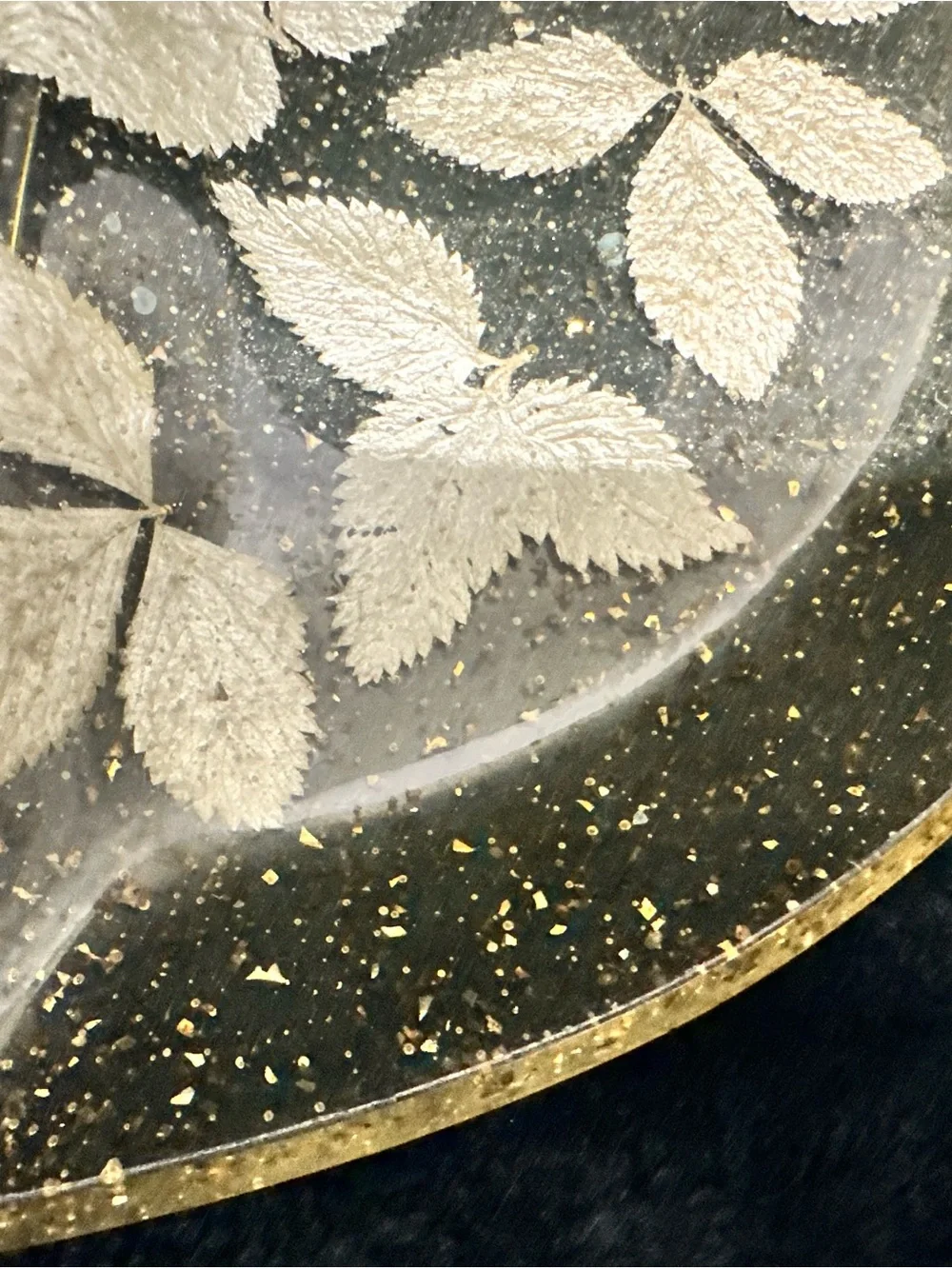 MCM Lucite Divided Serving Tray With Leaf Inlay & Gold Color Glitter Flakes
